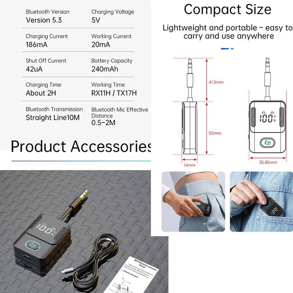 Bluetooth 5.3 Sender Mottaker, 2-i-1 Bil Bluetooth Adapter med Lang Batterilevetid og Dobbel Enhetstilkobling