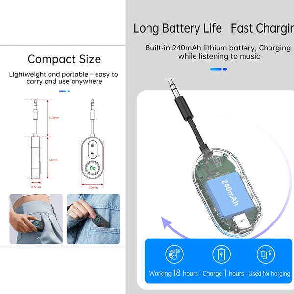 Bluetooth 5.3 Trådløs Lydmottaker og Sender - BR10T Adapter med Lang Batterilevetid