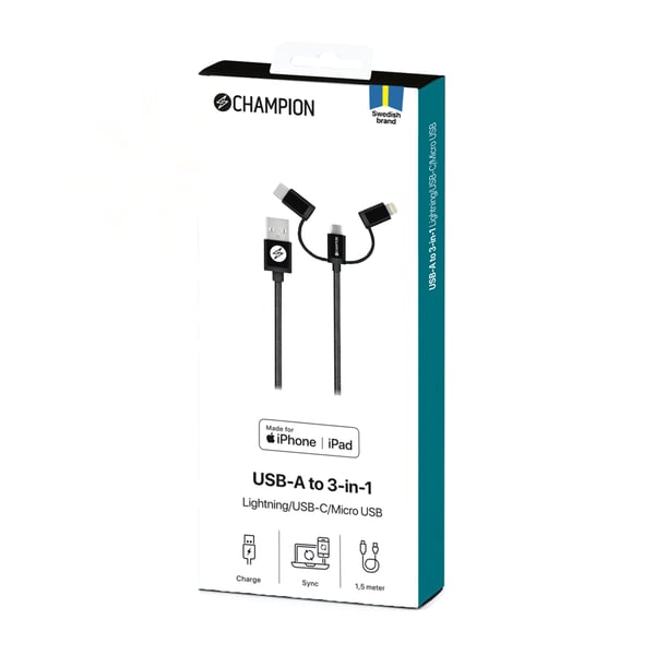 USB-A til Lightning, USB-C og Micro-USB 1,5 m svart