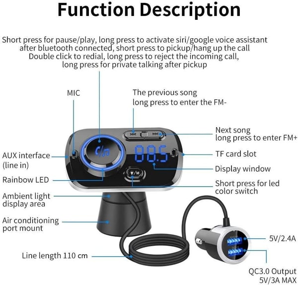 Trådløs FM-sender til bilen Bluetooth 5.0 QC3