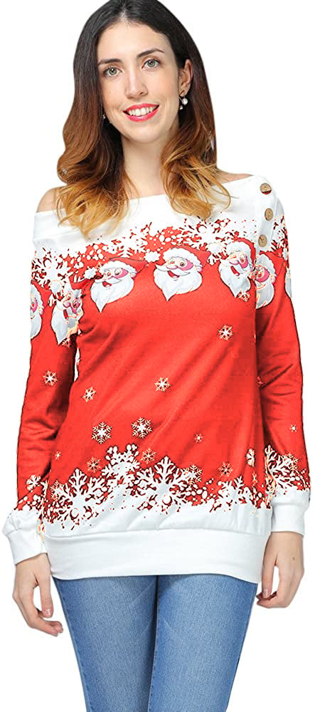 Off-shoulder tyk sweater med julemønster - Str. S, Rød