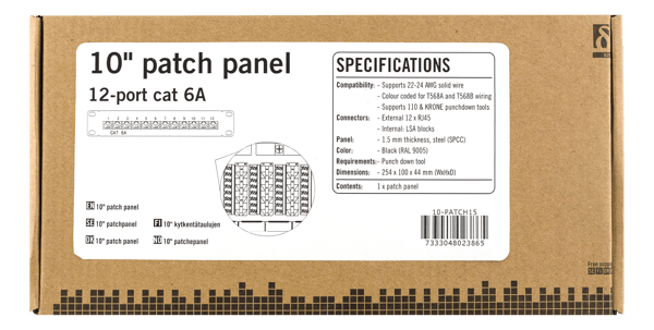 10" patch panel, 12xRJ45, Cat6a, STP, 10Gbps, metal, black