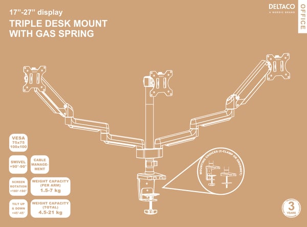 OFFICE Triple Mount Gas Spring Monitor Arm tilt 17"-27"