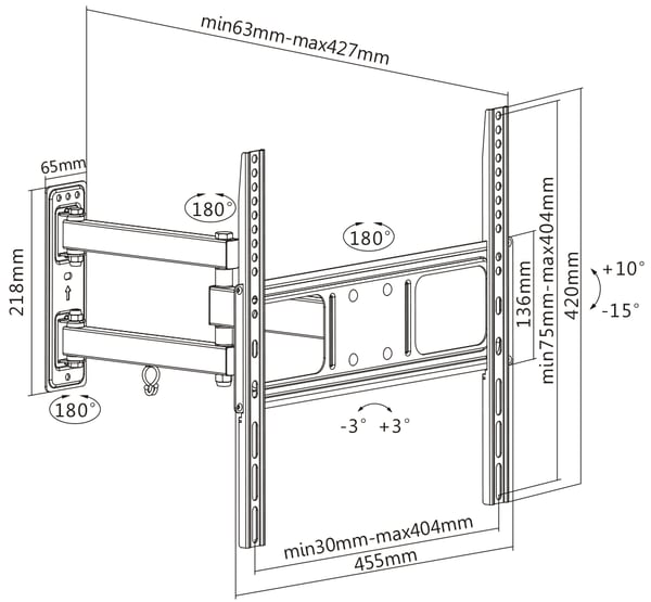 Full motion 3-way wall mount for monitor/tv, 32"-55", tilt