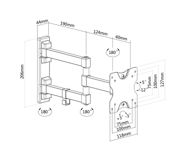 Full motion 3-way wall mount, 13-27" up to 20 kg, tilt, rota