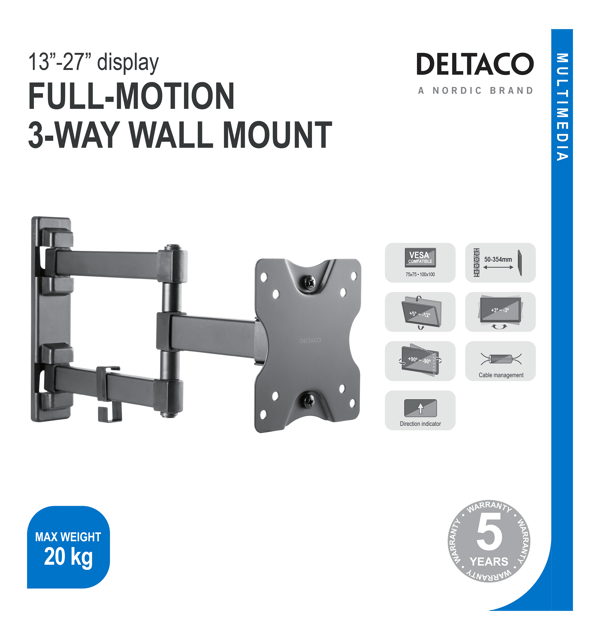Full motion 3-way wall mount, 13-27" up to 20 kg, tilt, rota