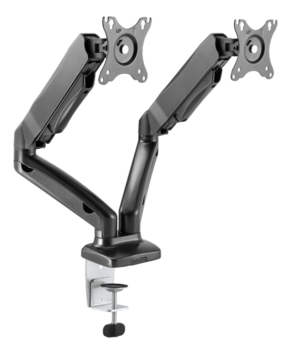 Full-motion dual desk mount, gas spring, 17-32", tilt, rotat
