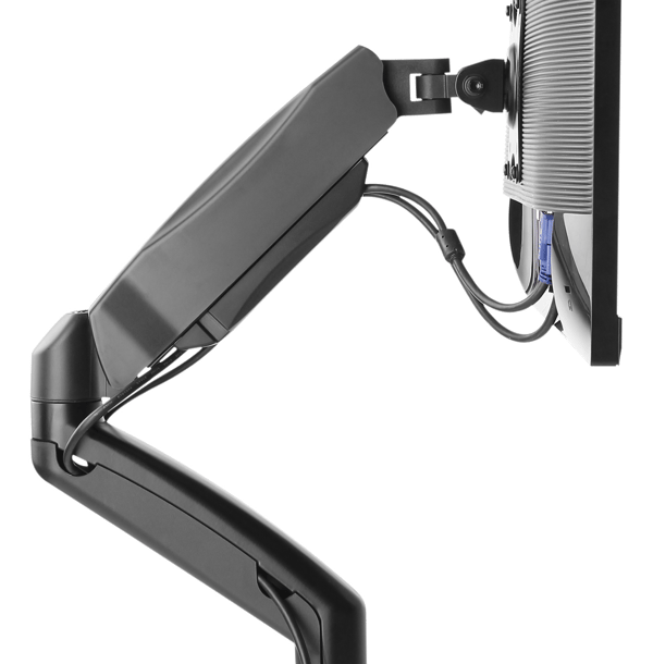 Full-motion dual desk mount, gas spring, 17-32", tilt, rotat