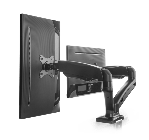 Full-motion dual desk mount, gas spring, 17-32", tilt, rotat