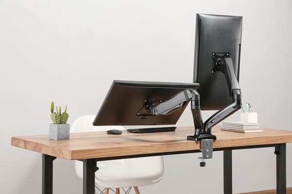 Full-motion dual desk mount, gas spring, 17-32", tilt, rotat