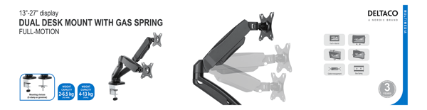 Full-motion dual desk mount, gas spring, 17-32", tilt, rotat