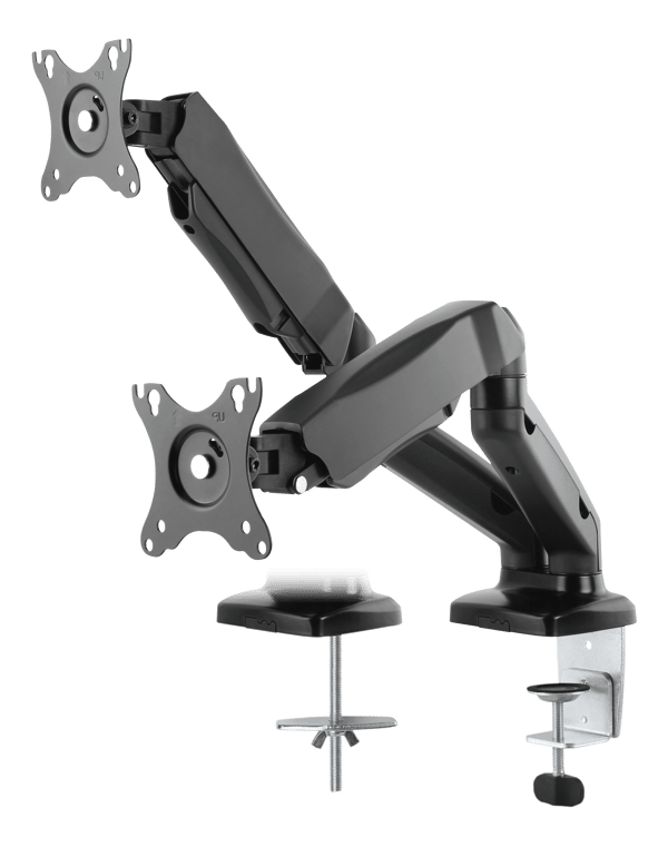 Full-motion dual desk mount, gas spring, 17-32", tilt, rotat