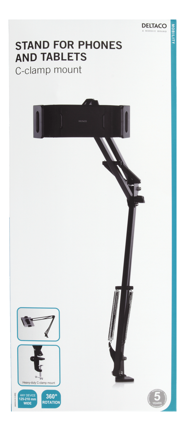 Stand for phones & tablets 4"-12.9", c-clamp, 360°, black
