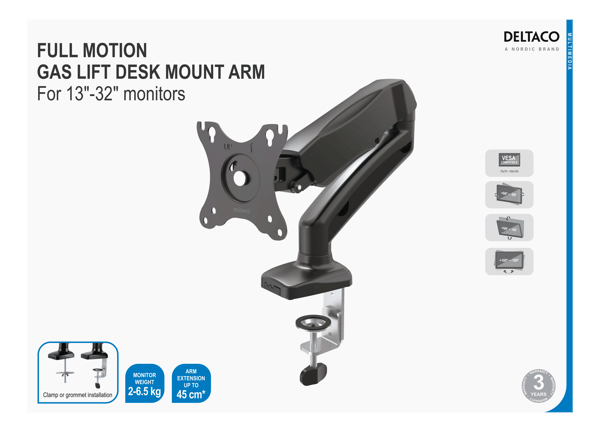 Monitor desk mount 13-27", gas operated, VESA, three axis
