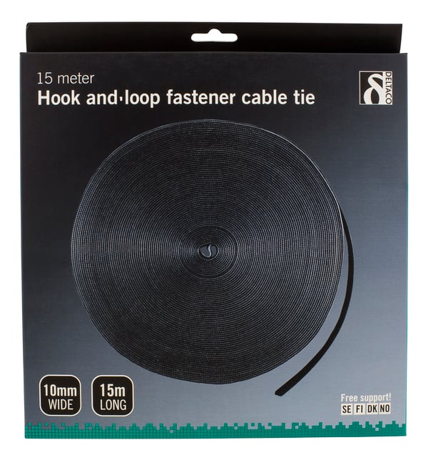 Hook and loop fastener cable ties, width 10mm, 15m, black