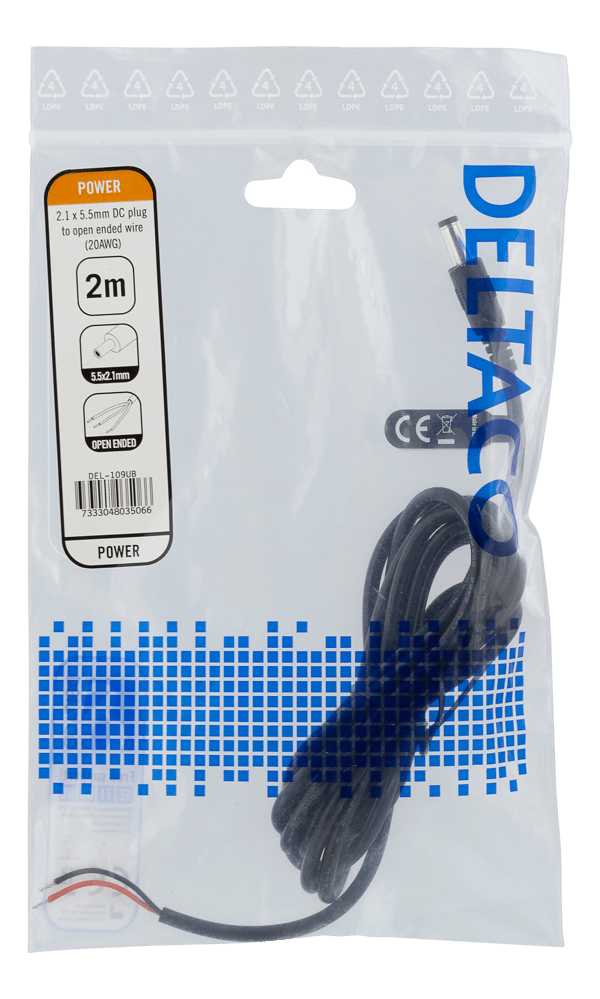 5.5x2.1mm DC to open ended wire, 2m, 20AWG, black