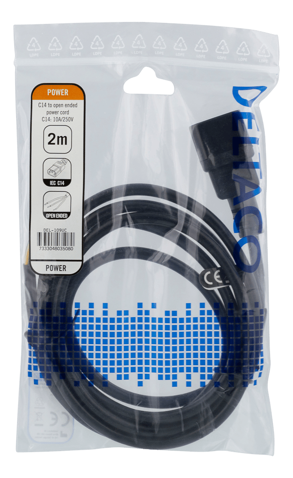 C14 to open ended power cord, 2m, IEC C14, 10A, black
