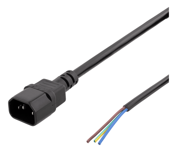 C14 to open ended power cord, 2m, IEC C14, 10A, black
