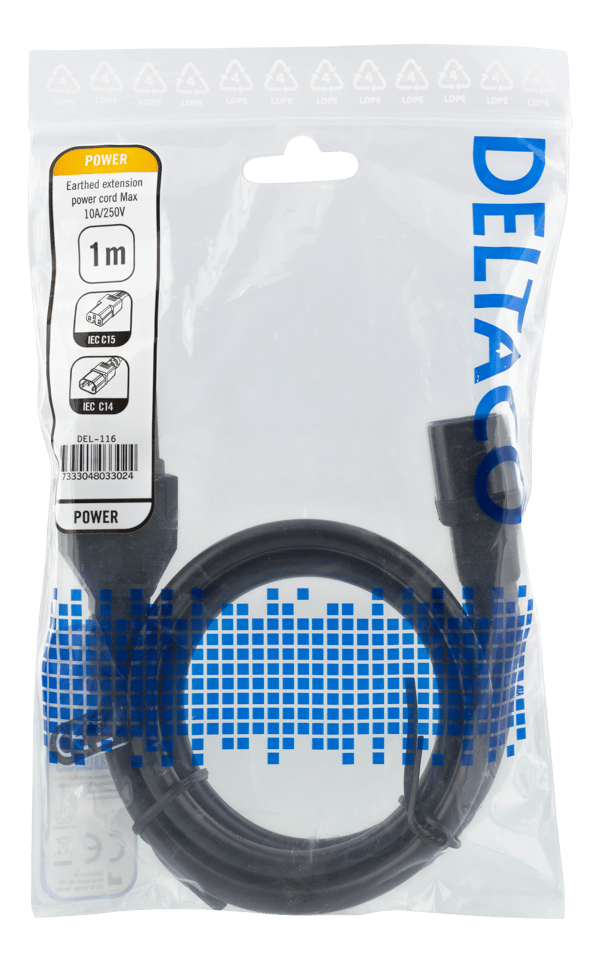 Extension cord IEC C15, IEC C14, 1m, black