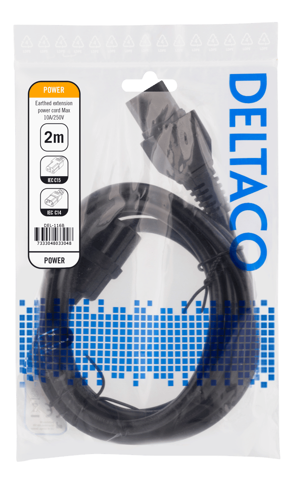 2m earthed cable IEC 6320 C15, IEC 6320 C14, 250V/10A, black