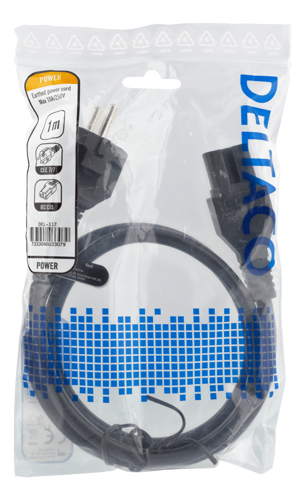 Power cord CEE7/7 - IEC C15, 1m, black
