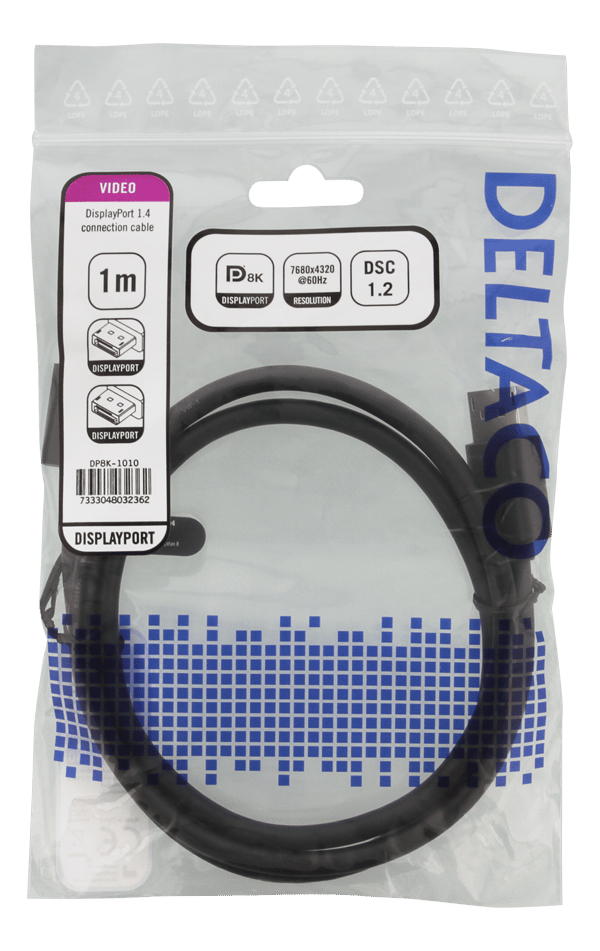 DisplayPort cable, DP 1.4, 7680x4320 at 30Hz, 1m, black
