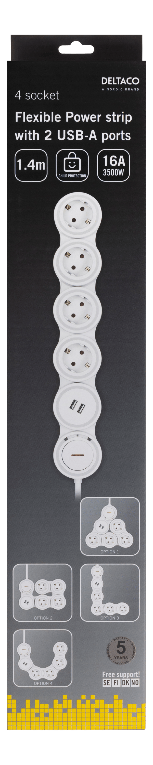 Flexible 4-Socket Power strip, 1.4m, 16A 3500W, 2x USB-A, wh