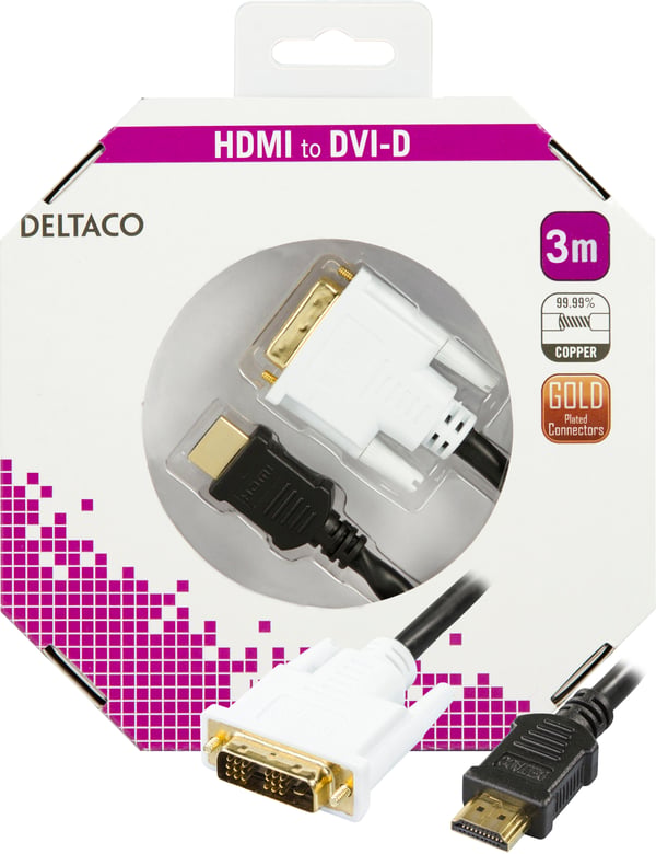 HDMI to DVI-cable, Full HD @60Hz, 19-pin male - DVI-D Single