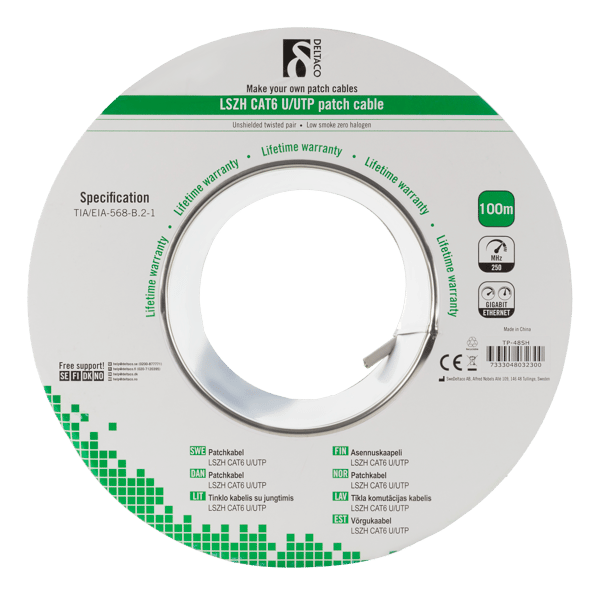 U/UTP Cat6 patch cable, LSZH, 100m spool, 250MHz, white