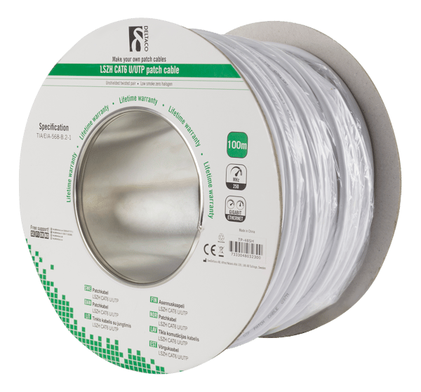 U/UTP Cat6 patch cable, LSZH, 100m spool, 250MHz, white