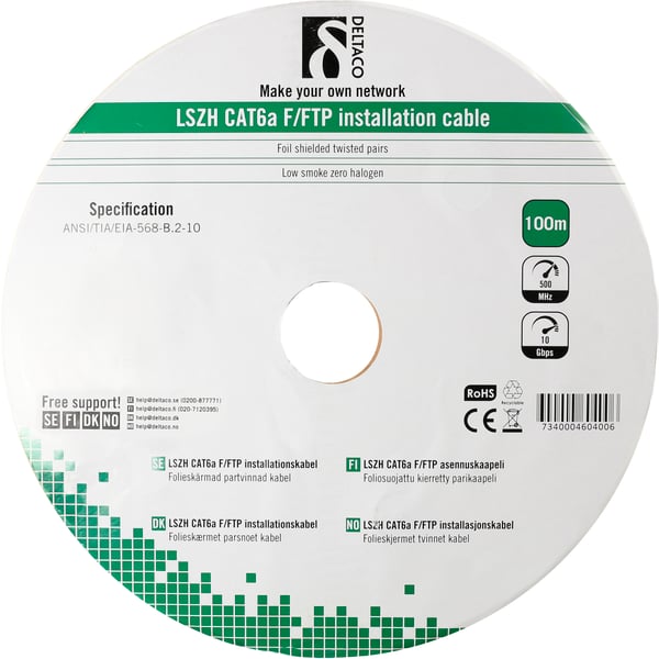 F/FTP Cat6a installation cable, LSZH, 100m box, white