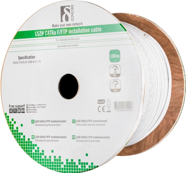 F/FTP Cat6a installation cable, LSZH, 100m box, white