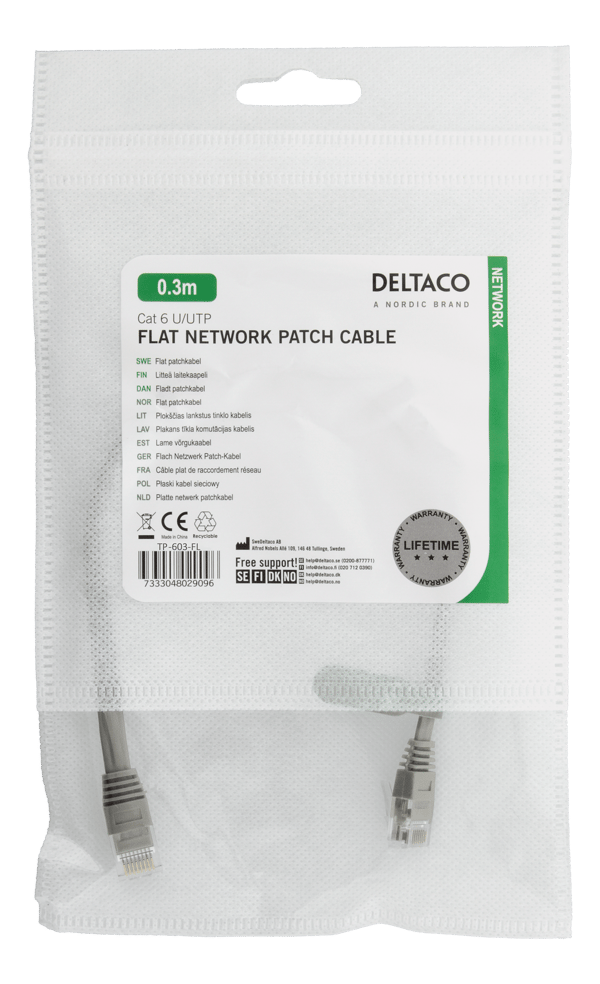 U/UTP Cat6 patch cable, flat, 0.3m, 250MHz, grey