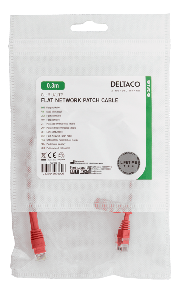 U/UTP Cat6 patch cable, flat, 0.3m, 250MHz, red