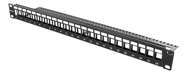 Patch panel 24 ports w/out connectors cable support 1U 19"
