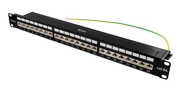 STP patch panel, 24xRJ45, Cat6a, 1U, 19", metal, black