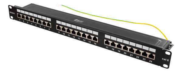 STP patch panel, 24xRJ45, Cat6, 1U, 19", metal, black