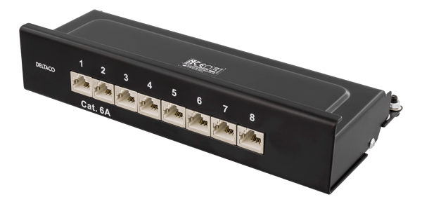 Patch Panel, 8xRJ45, Cat6a, wall-mountable, metal, black