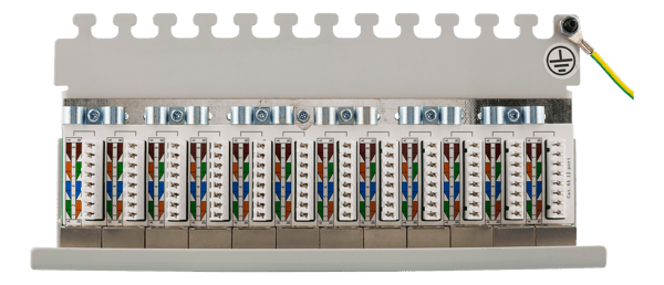 Patch Panel, 12xRJ45, Cat6a, wall-mountable, metal, grey
