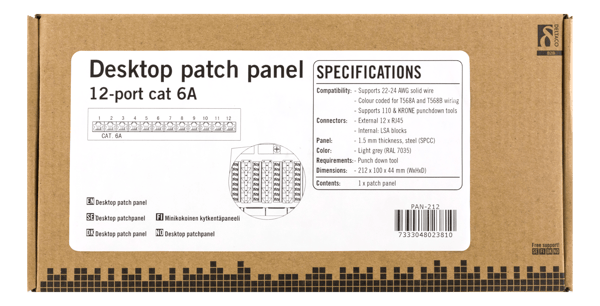 Patch Panel, 12xRJ45, Cat6a, wall-mountable, metal, grey