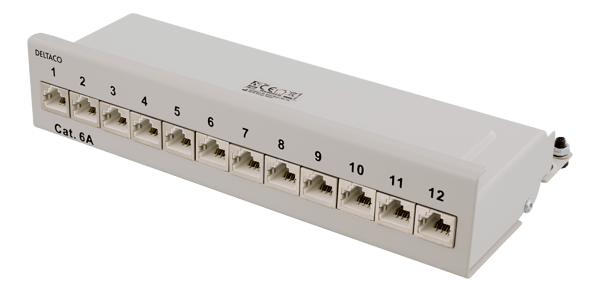 Patch Panel, 12xRJ45, Cat6a, wall-mountable, metal, grey