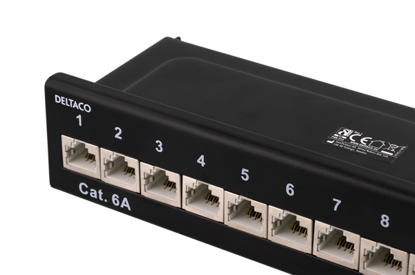 Patch Panel, 12xRJ45, Cat6a, wall-mountable, metal, black