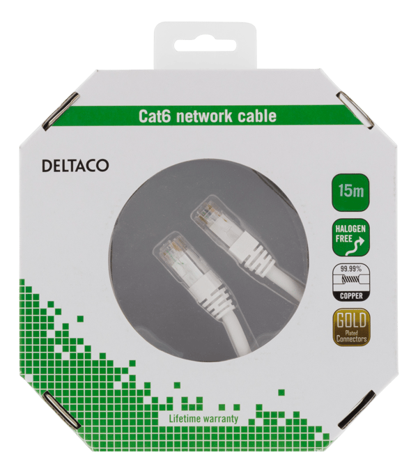 U/UTP Cat6 patchkabel, 15m, 250MHz, Delta, LSZH, hvid