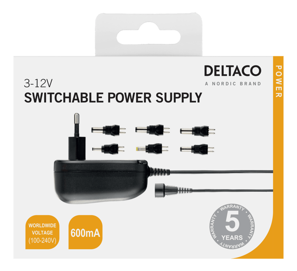 AC adapter 230V to 3-12 V DC, 600 mA, 6 interch. connectors