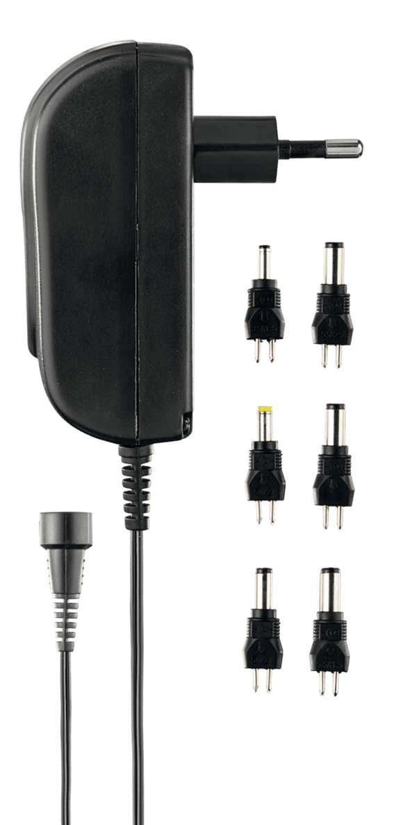 Power supply, 240 V to 3-12 V, 1.5 A, different tips, black
