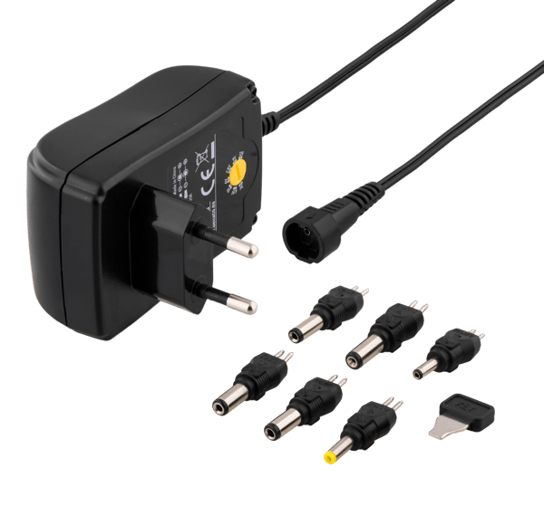 Power supply, 240 V to 3-12 V, 1.5 A, different tips, black