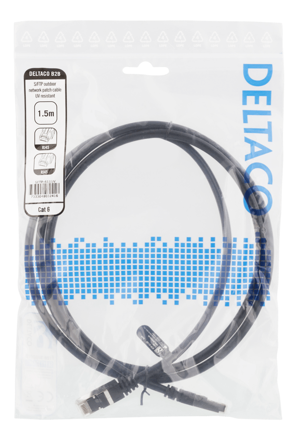 S/FTP Cat6 patch cable, 1.5m, 250MHz, UV resistant, black