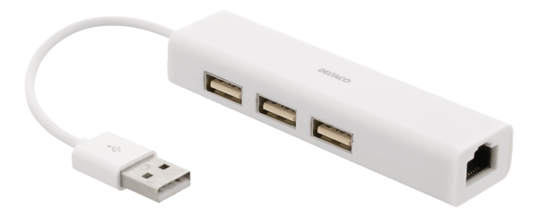 USB 2.0 network adapter with USB hub, 100Mbps, 3xUSB, white