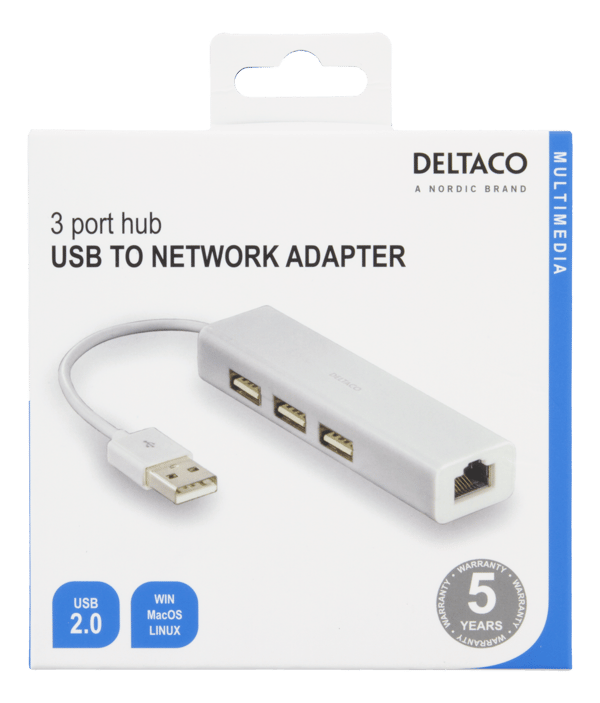USB 2.0 network adapter with USB hub, 100Mbps, 3xUSB, white
