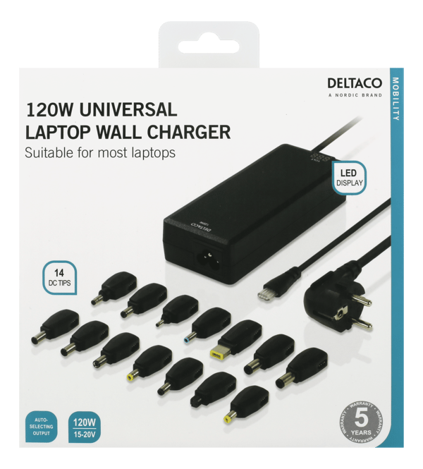 Laptop charger, 15-20 V, 8 A, 120 W, LED-display, black